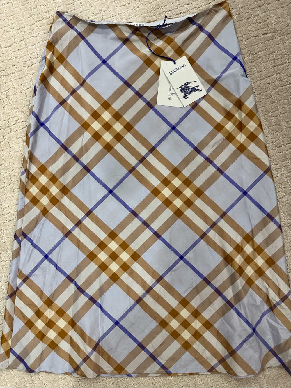 New Burberry Light Blue Plaid A-Line Skirt with Tan and Blue Stripes